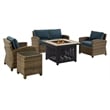 Crosley Furniture Bradenton 5 Piece Patio Fabric Fire Pit Sofa Set in Brown/Navy