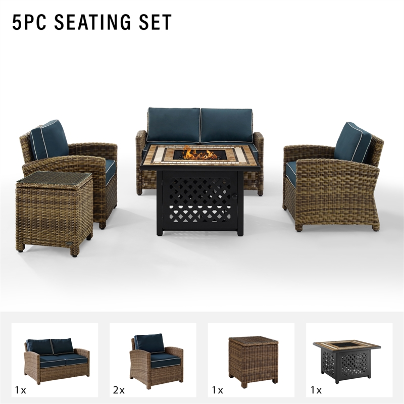 Crosley Furniture Bradenton 5 Piece Patio Fabric Fire Pit Sofa Set in Brown/Navy