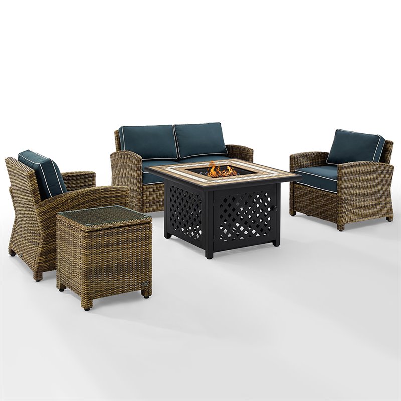 Crosley Furniture Bradenton 5 Piece Patio Fabric Fire Pit Sofa Set in Brown/Navy