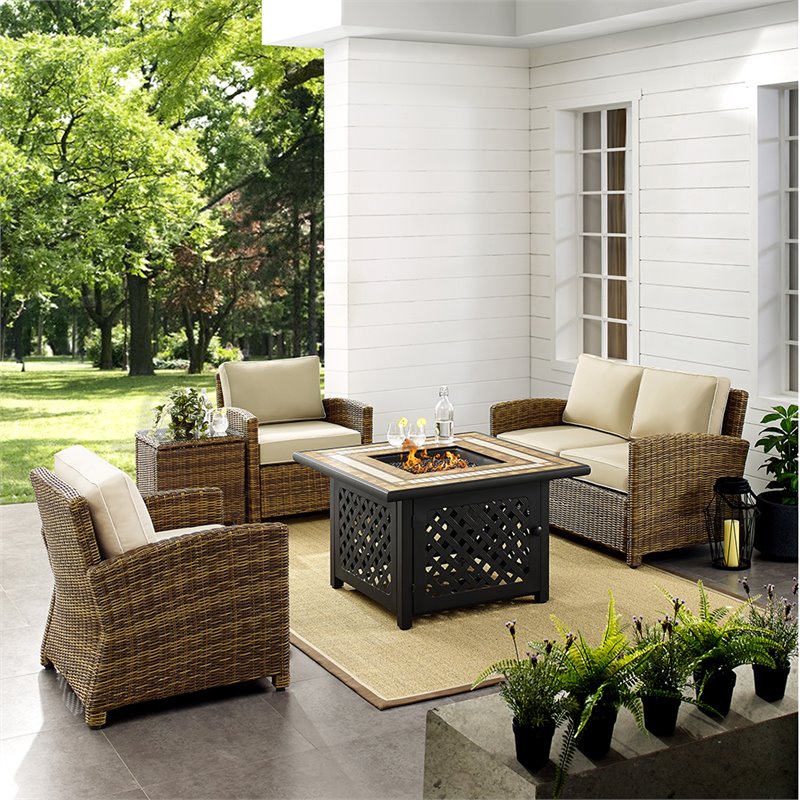 Crosley Furniture Bradenton 5 Piece Patio Fabric Fire Pit Sofa Set in Brown/Sand