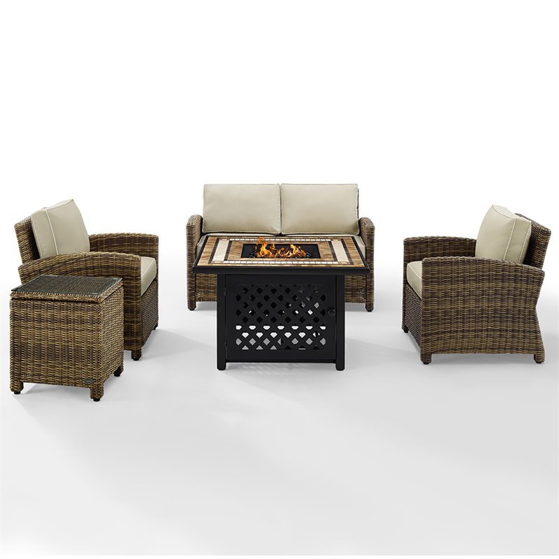 Crosley Furniture Bradenton 5 Piece Patio Fabric Fire Pit Sofa Set in Brown/Sand