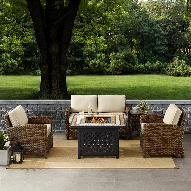 Crosley Furniture Bradenton 5 Piece Patio Fabric Fire Pit Sofa Set in Brown/Sand