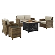 Crosley Furniture Bradenton 5 Piece Patio Fabric Fire Pit Sofa Set in Brown/Sand