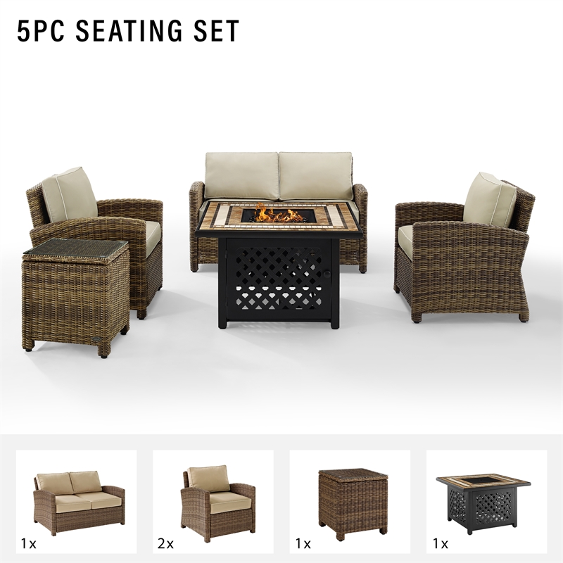 Crosley Furniture Bradenton 5 Piece Patio Fabric Fire Pit Sofa Set in Brown/Sand