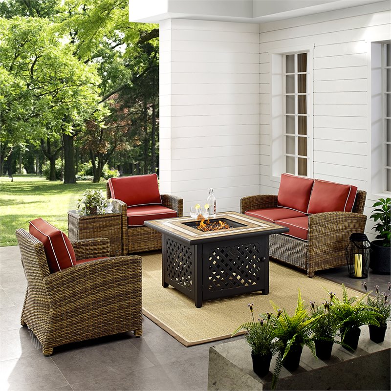 Crosley Furniture Bradenton 5Pc Patio Fabric Fire Pit Sofa Set in Brown/Red