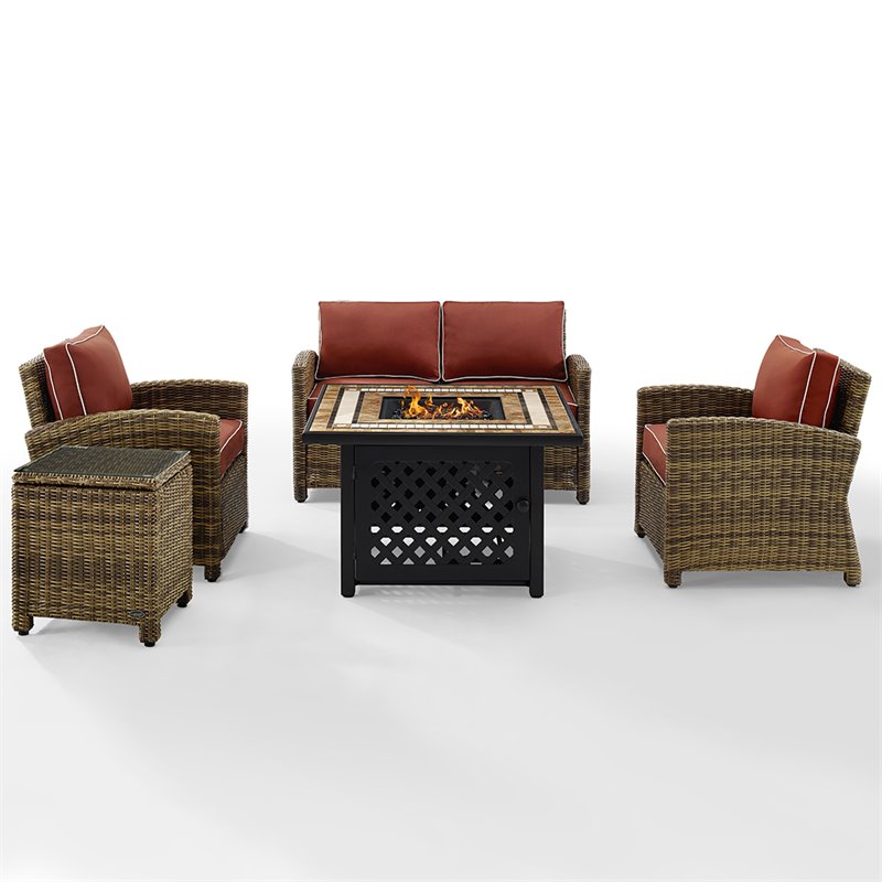 Crosley Furniture Bradenton 5Pc Patio Fabric Fire Pit Sofa Set in Brown/Red