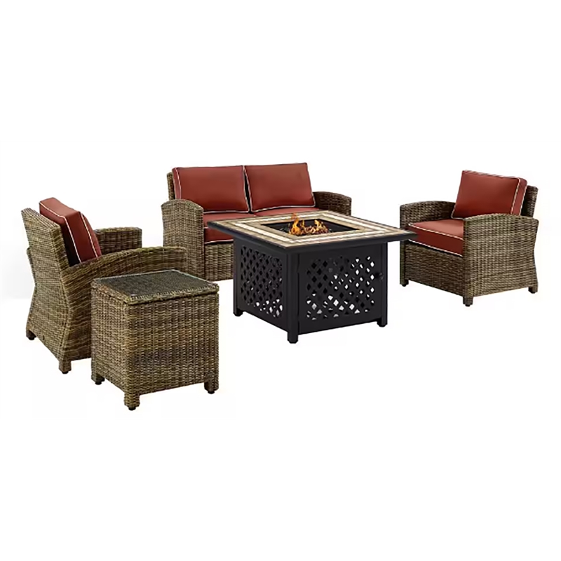 Crosley Furniture Bradenton 5Pc Patio Fabric Fire Pit Sofa Set in Brown/Red