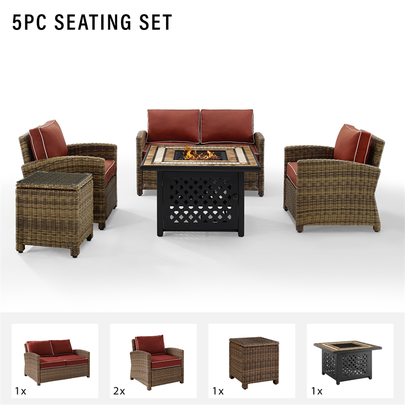 Crosley Furniture Bradenton 5Pc Patio Fabric Fire Pit Sofa Set in Brown/Red