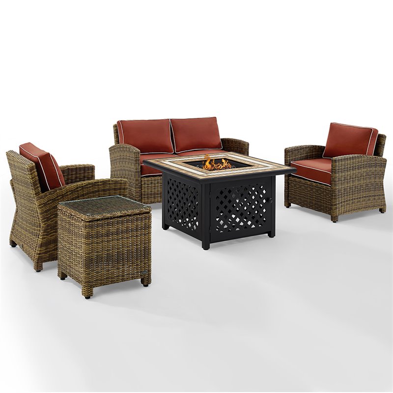 Crosley Furniture Bradenton 5Pc Patio Fabric Fire Pit Sofa Set in Brown/Red