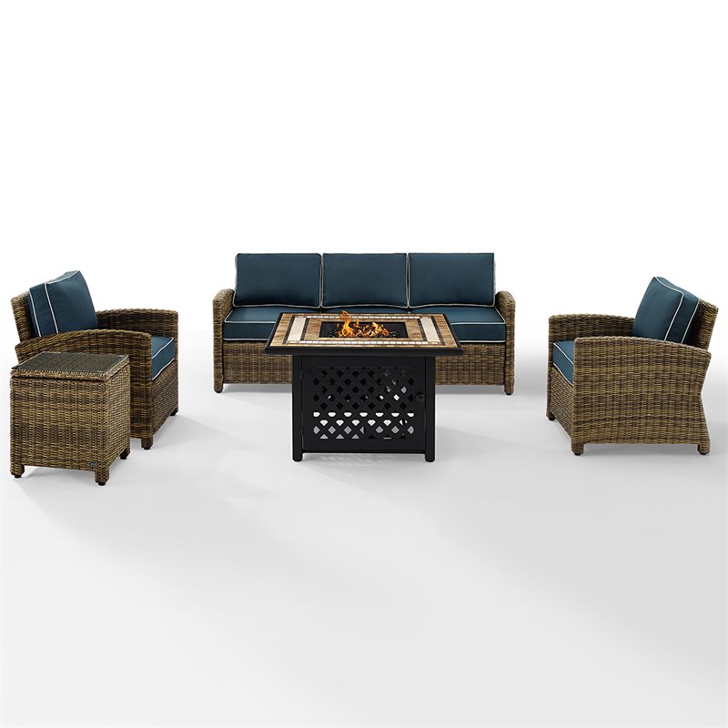 Crosley Furniture Bradenton 5Pc Patio Fabric Fire Pit Sofa Set in Brown and Navy