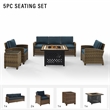 Crosley Furniture Bradenton 5Pc Patio Fabric Fire Pit Sofa Set in Brown and Navy