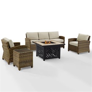 crosley bradenton 5 piece patio fire pit sofa set in brown and sand