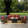 Crosley Furniture Bradenton 5 Piece Patio Fabric Fire Pit Sofa Set in Brown/Red