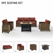 Crosley Furniture Bradenton 5 Piece Patio Fabric Fire Pit Sofa Set in Brown/Red