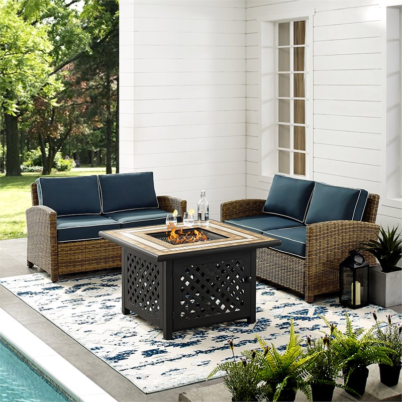 Crosley Furniture Bradenton 3Pc Metal Patio Fire Pit Sofa Set in Brown and Navy