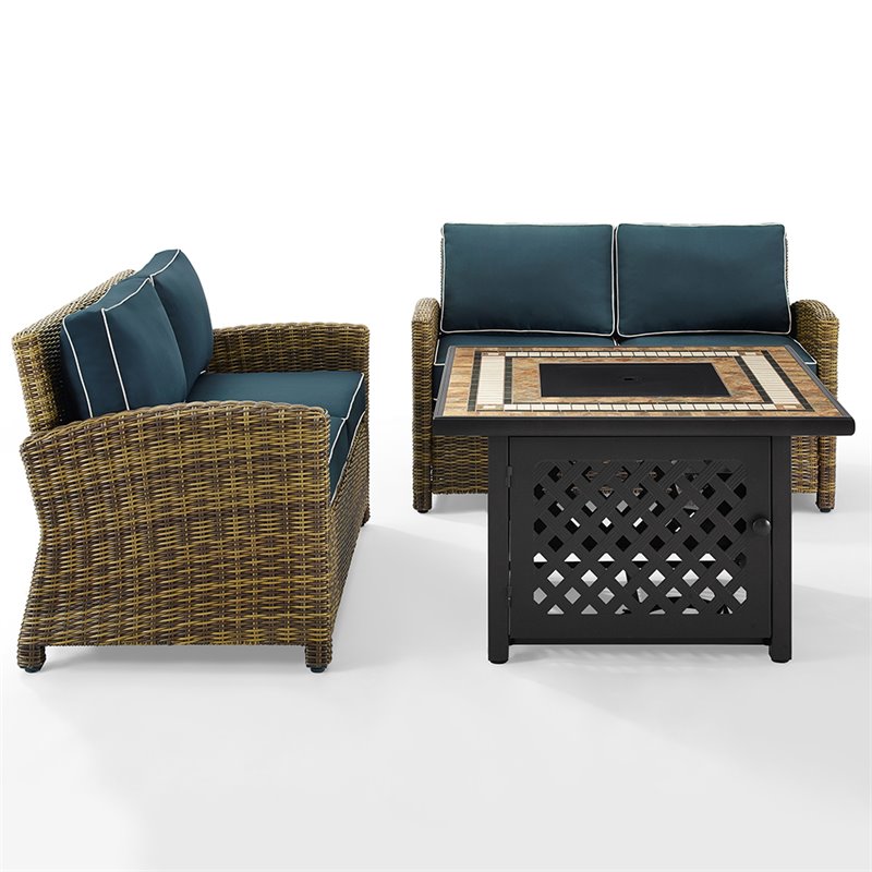 Crosley Furniture Bradenton 3Pc Metal Patio Fire Pit Sofa Set in Brown and Navy