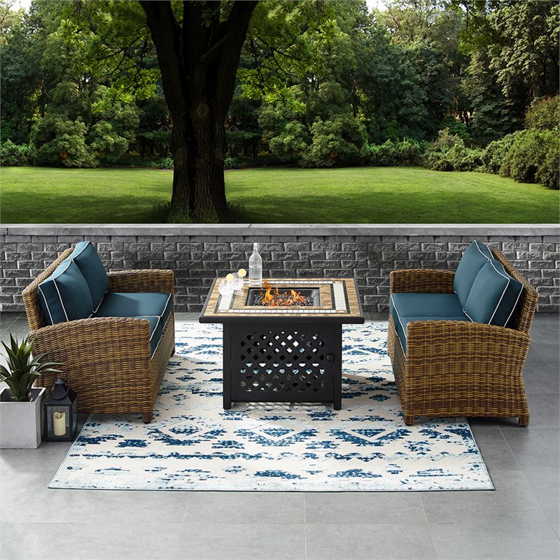 Crosley Furniture Bradenton 3Pc Metal Patio Fire Pit Sofa Set in Brown and Navy
