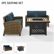 Crosley Furniture Bradenton 3Pc Metal Patio Fire Pit Sofa Set in Brown and Navy