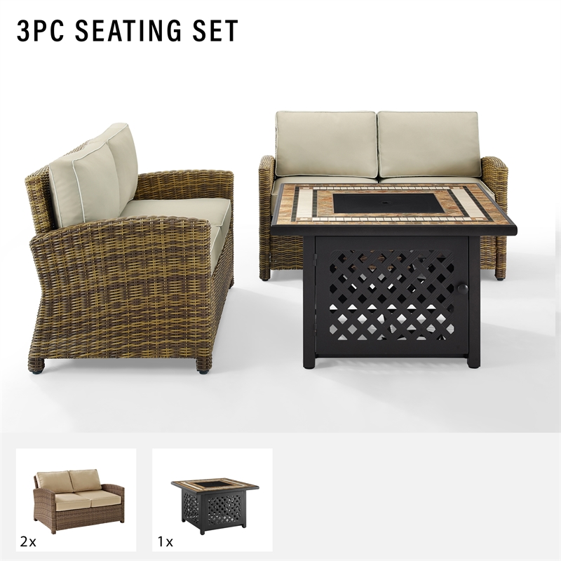Crosley Furniture Bradenton 3Pc Metal Patio Fire Pit Sofa Set in Brown and Sand