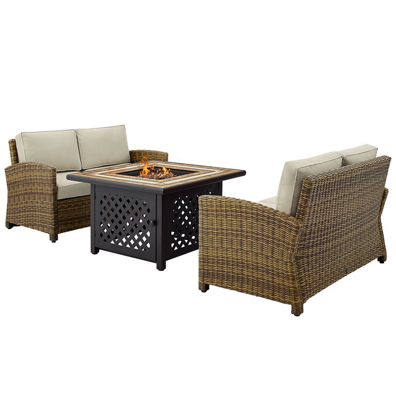 Crosley Furniture Bradenton 3Pc Metal Patio Fire Pit Sofa Set in Brown and Sand