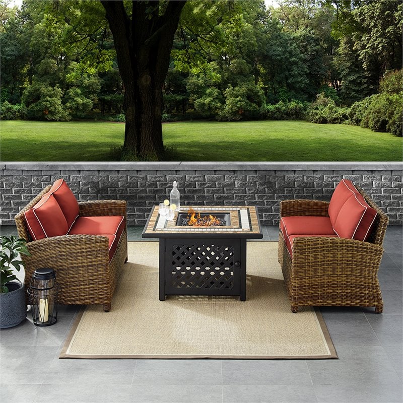 Crosley Furniture Bradenton 3Pc Patio Fabric Fire Pit Sofa Set in Brown/Red