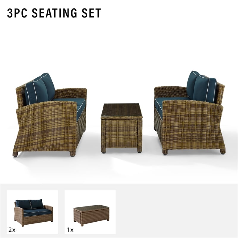 Crosley Furniture Bradenton 3-Piece Metal & Fabric Patio Sofa Set in Brown/Navy