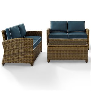 Crosley Furniture Bradenton 3-Piece Metal & Fabric Patio Sofa Set in Brown/Navy