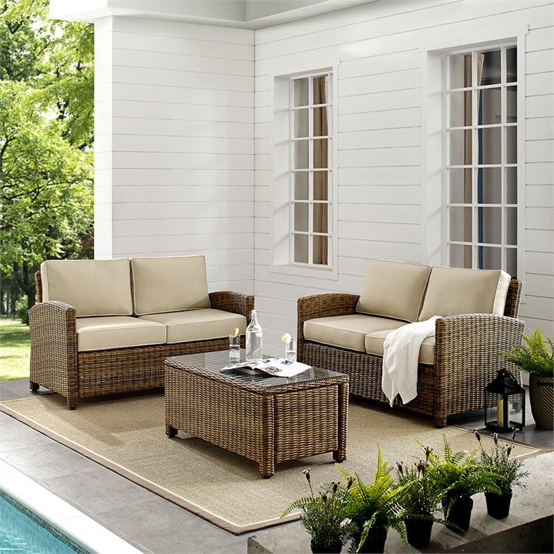 Crosley Furniture Bradenton 3 Piece Metal Patio Sofa Set in Brown and Sand