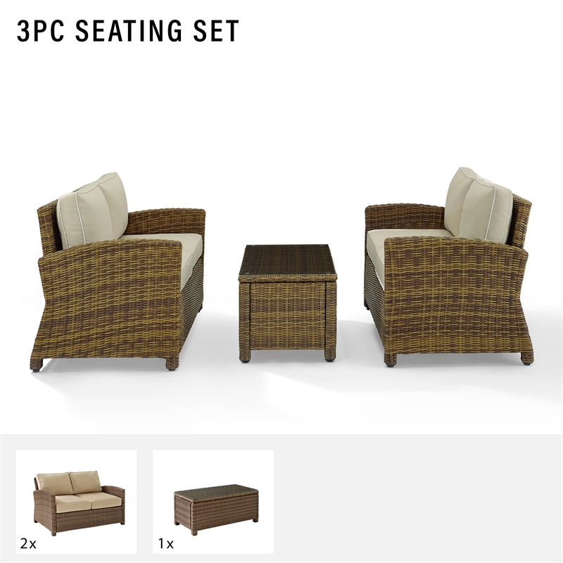Crosley Furniture Bradenton 3 Piece Metal Patio Sofa Set in Brown and Sand