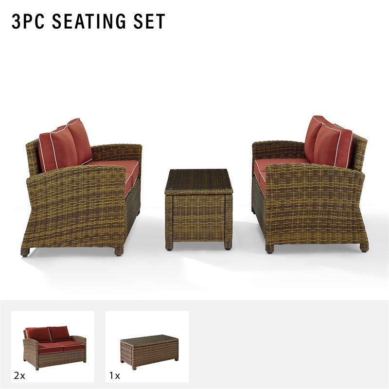 Crosley Furniture Bradenton 3Pc Patio Fabric Sofa Set in Brown and Sangria Red
