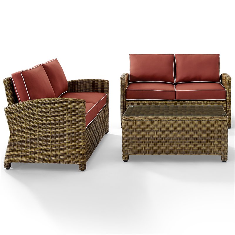 Crosley Furniture Bradenton 3Pc Patio Fabric Sofa Set in Brown and Sangria Red