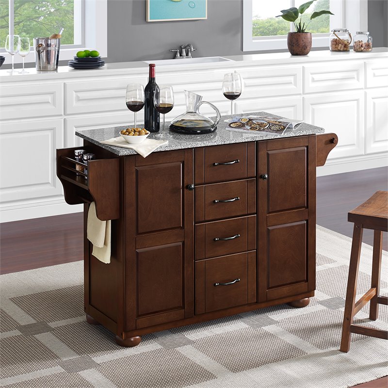 Crosley Eleanor Gray Granite Top Wooden Kitchen Island in Mahogany