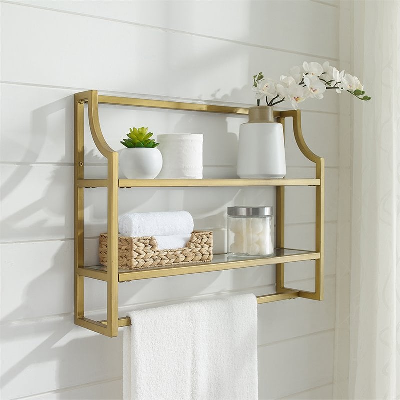 Crosley Furniture Aimee 2 Shelf Glass Metal Wall Shelf in Soft Gold