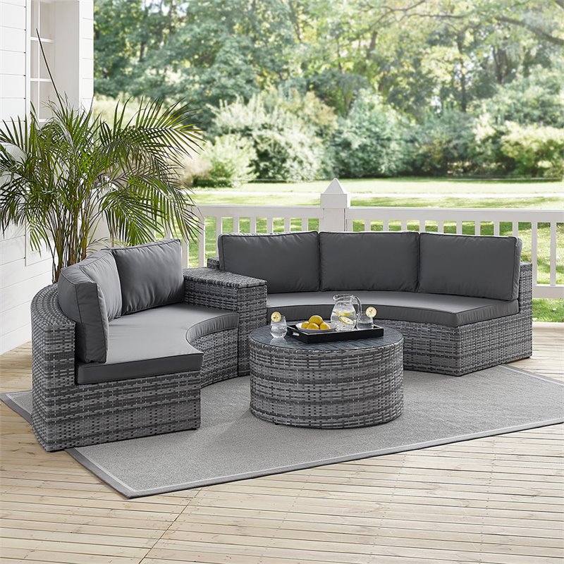 Crosley Catalina 4 Piece Wicker Curved, Round Outdoor Sectional Sofa
