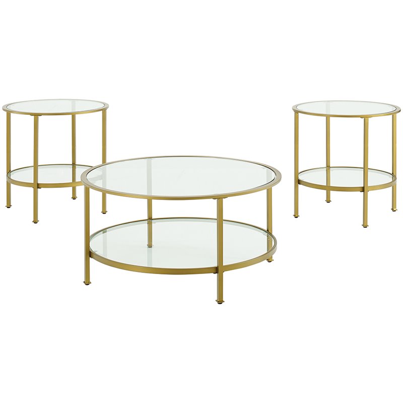 Round Glass Top Accent Coffee Table Set, Gold And Glass End Table Set