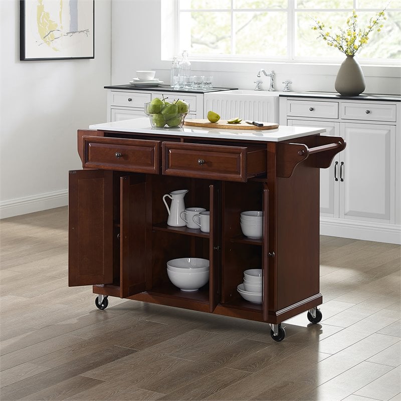 Crosley Furniture Wood Granite Top Kitchen Cart in Mahogany/White