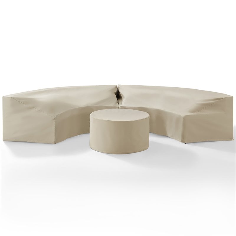 Crosley Furniture Catalina 3Pc Vinyl Curved Sectional Sofa Cover Set in Tan