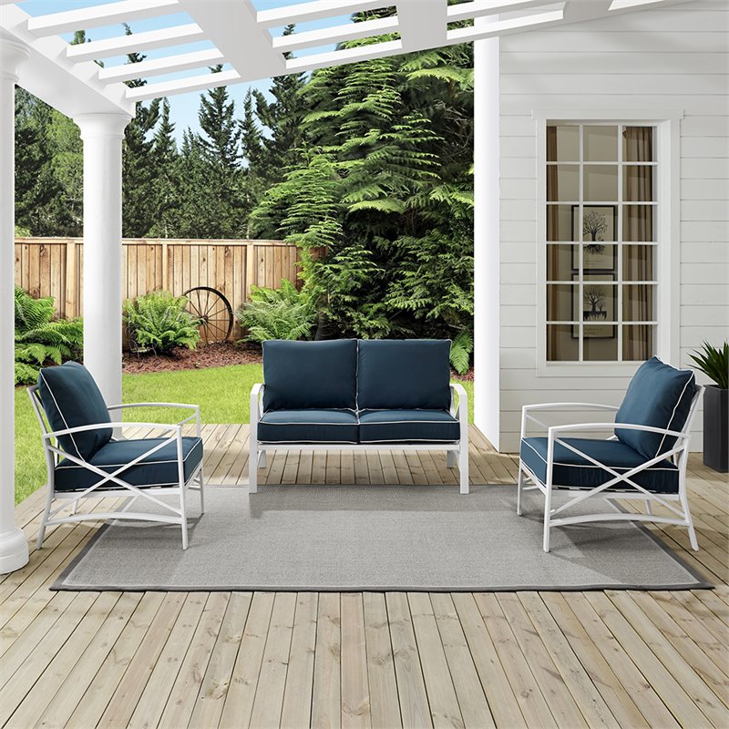Crosley Kaplan 3 Piece Patio Sofa Set in Navy and White | Homesquare