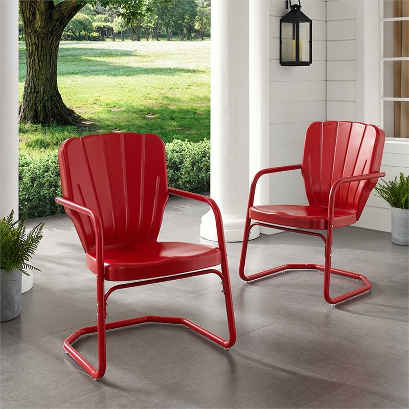 Crosley Furniture Ridgeland Metal Patio Chair in Bright Red Gloss (Set of 2)