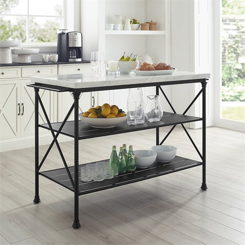 Crosley Madeleine Faux Marble Top Kitchen Island in Matte Black