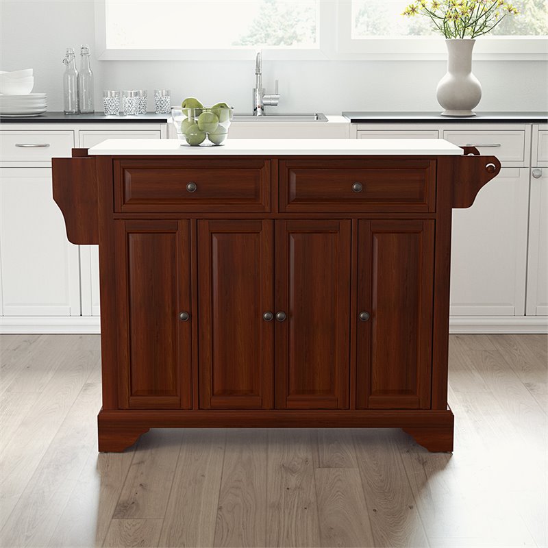 Crosley Lafayette White Granite Top Kitchen Island in Mahogany