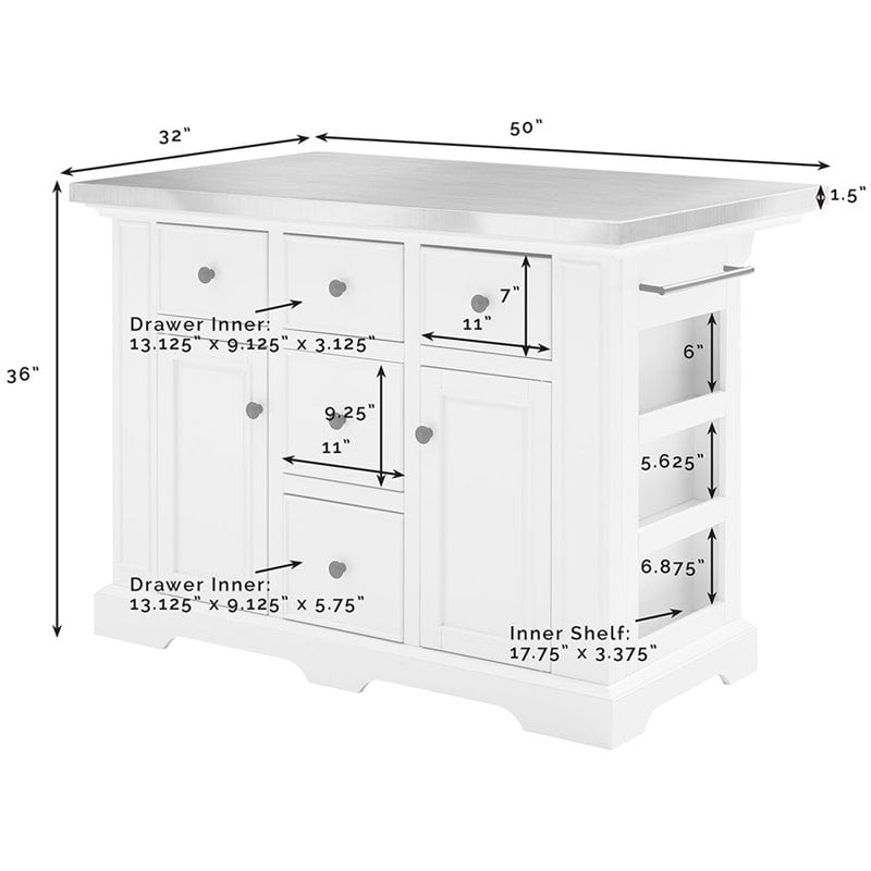 Crosley Furniture Julia Stainless Steel Metal Top Kitchen Island in White