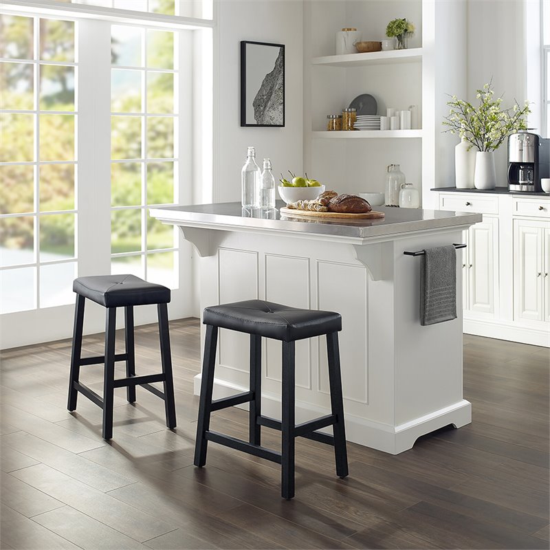 Crosley Julia Stainless Steel Top Kitchen Island with Saddle Stools in