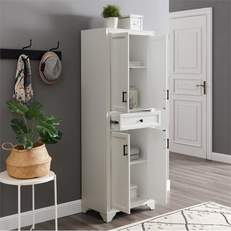 Crosley Furniture Tara Wood 4 Door Pantry in Distressed White/Black