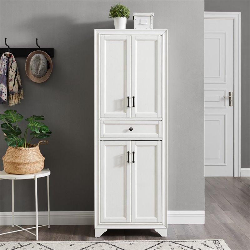 Crosley Furniture Tara Wood 4 Door Pantry in Distressed White/Black