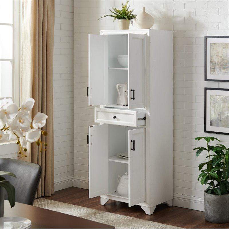 Crosley Furniture Tara Wood 4 Door Pantry in Distressed White/Black