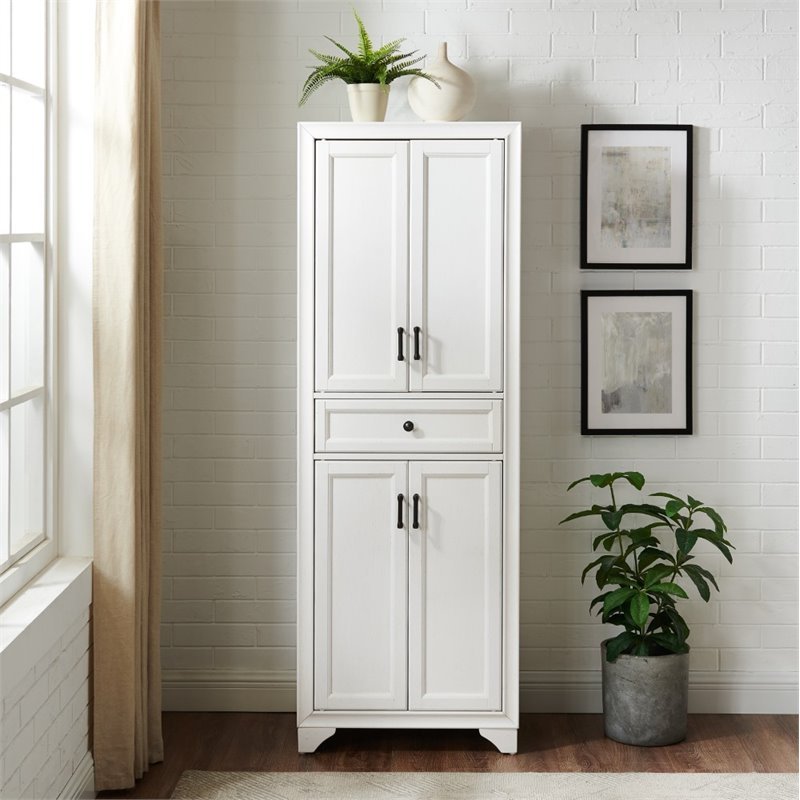 Crosley Furniture Tara Wood 4 Door Pantry in Distressed White/Black