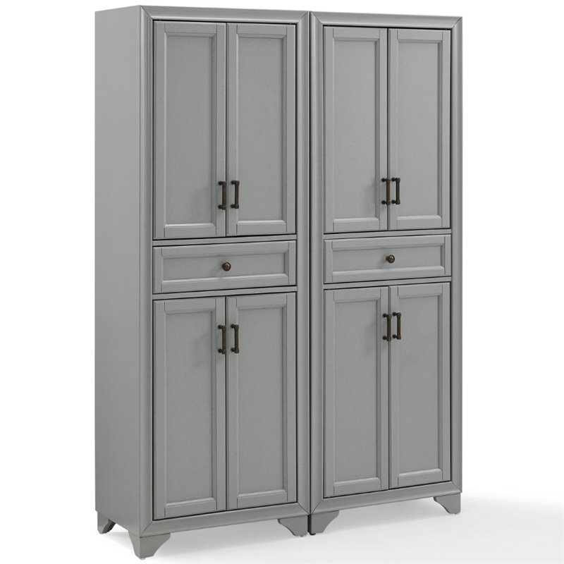 Crosley Furniture Tara Wood 4 Door Pantry Set in Distressed Gray (Set of 2)