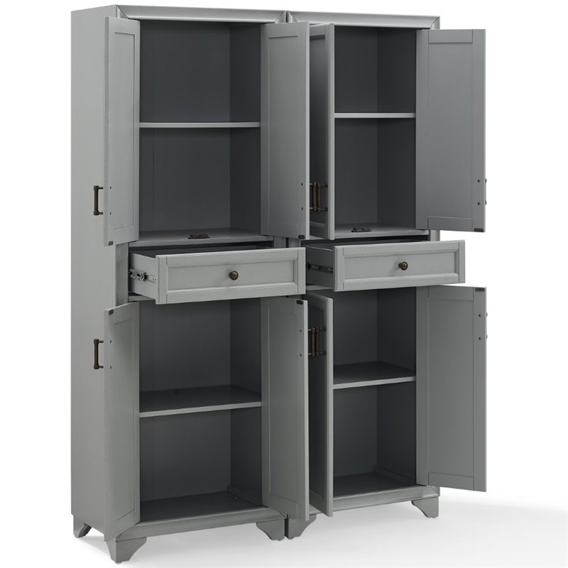 Crosley Furniture Tara Wood 4 Door Pantry Set in Distressed Gray (Set of 2)