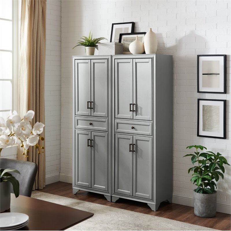 Crosley Furniture Tara Wood 4 Door Pantry Set in Distressed Gray (Set of 2)